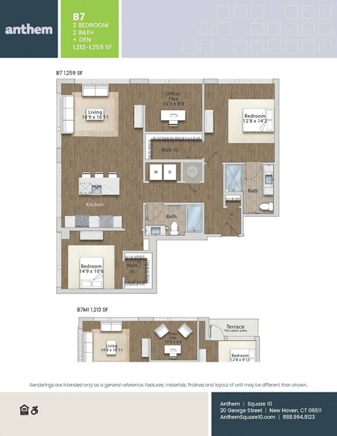 Floor plan for 2 beds, 2 baths, 1259 sqft